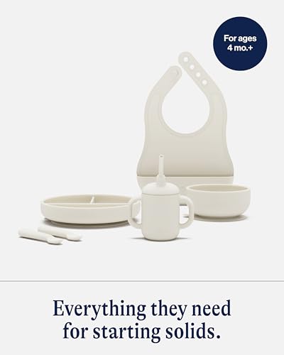 Lalo First Bites Silicone Baby Feeding Set - Baby Led Weaning Supplies - Non-Toxic Silicone - Includes 1 Bib, 2 Spoons, Training Cup, Suction Plate and Bowl - 6 Pieces - Oatmeal - Image 3