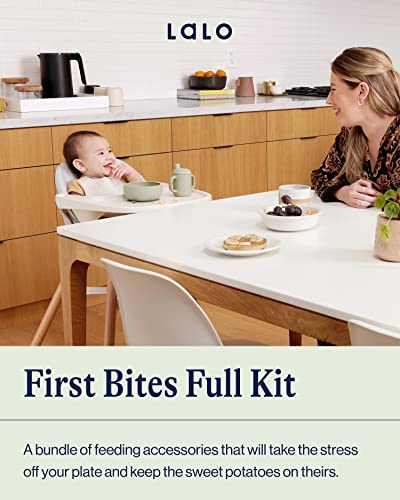 Lalo First Bites Silicone Baby Feeding Set - Baby Led Weaning Supplies - Non-Toxic Silicone - Includes 1 Bib, 2 Spoons, Training Cup, Suction Plate and Bowl - 6 Pieces - Oatmeal - Image 2