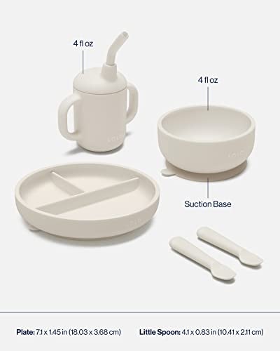 Lalo First Bites Silicone Baby Feeding Set - Baby Led Weaning Supplies - Non-Toxic Silicone - Includes 1 Bib, 2 Spoons, Training Cup, Suction Plate and Bowl - 6 Pieces - Oatmeal - Image 5