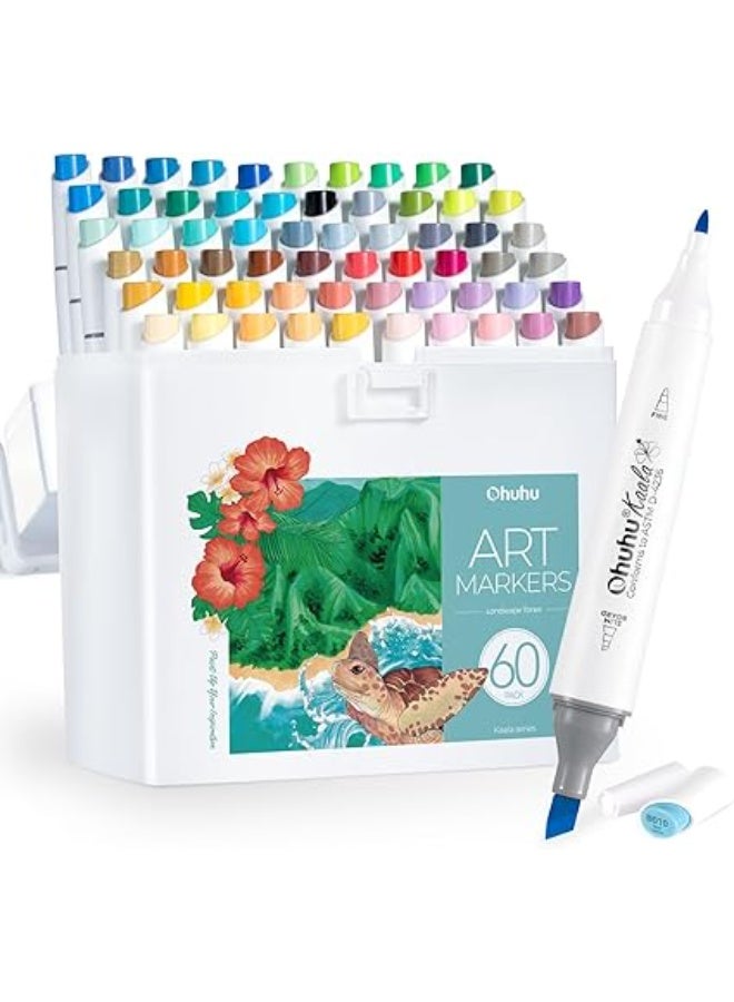 أوهوهو مجموعة أقلام ماركر بأساس كحولي مزدوجة الأطراف بسن عريض دقيق ورفيع للفنانين البالغين للرسم والتلوين وتصميم المناظر الطبيعية، 60 لون لرسم المناظر الطبيعية من سلسلة كالا - Image 1