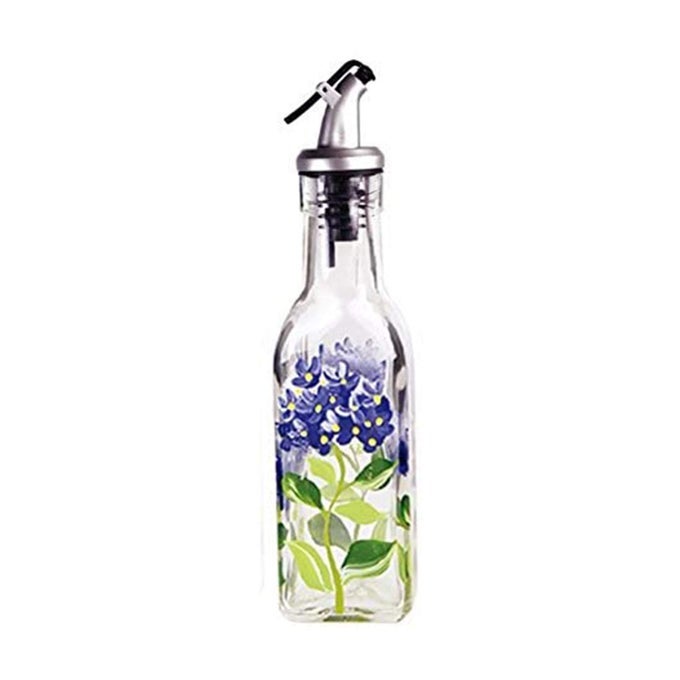 HAND PAINTED SQUARE CRUET WITH POURER BLUE HYDRANGEAS 6 OZ MULTICOLOR