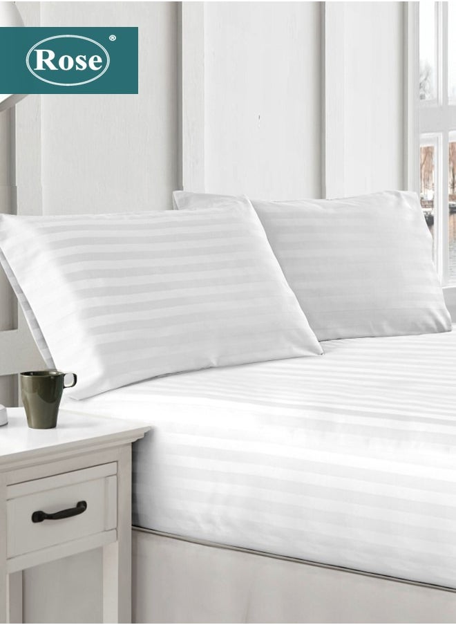 Rose - Rose Luxurious Hotel Stripe Fitted Sheet with Deep Pockets and Pillow Cases, Bed Sheet 3-Pieces Set, Soft & Silky Microfiber Breathable and Cooling, , White - Image 1