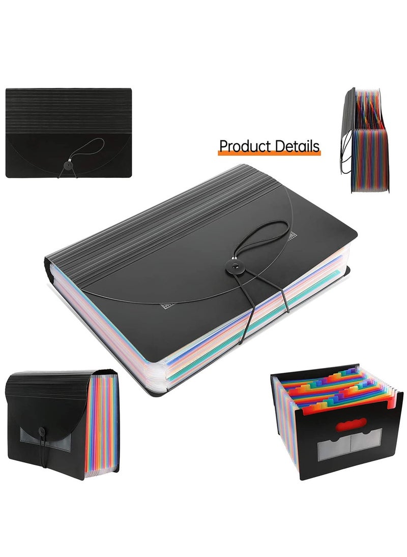 HomarKet - Expanding File Folder, 24 Pocket Accordion File Organizer A4 Letter Size Portable Document Organizer with Colored Tabs and Paper Clips , Accordian File folders Expandable Bill Coupon Folder Black - Image 1