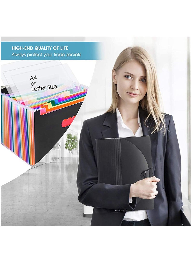 HomarKet - Expanding File Folder, 24 Pocket Accordion File Organizer A4 Letter Size Portable Document Organizer with Colored Tabs and Paper Clips , Accordian File folders Expandable Bill Coupon Folder Black - Image 1