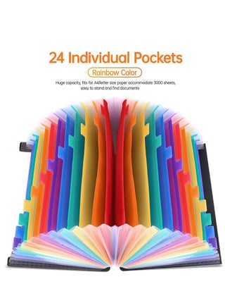 Expanding File Folder, 24 Pocket Accordion File Organizer A4 Letter Size Portable Document Organizer with Colored Tabs and Paper Clips , Accordian File folders Expandable Bill Coupon Folder Black - view 5