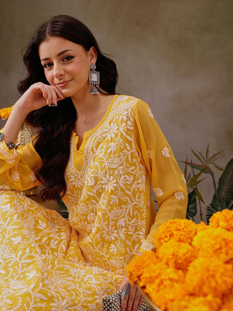 Ada Handmade Lucknowi Chikan Women's Straight Georgette Kurti Kurta with Slip A90321 (Yellow, M), Regular Fit - Image 5