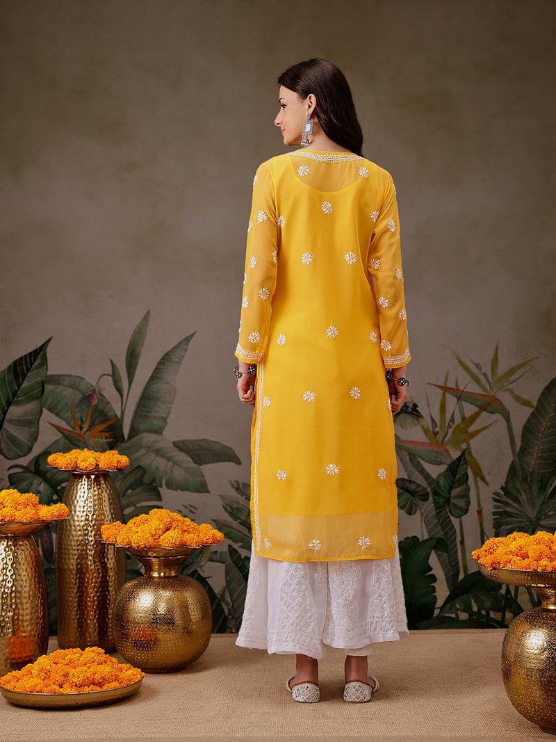 Ada Handmade Lucknowi Chikan Women's Straight Georgette Kurti Kurta with Slip A90321 (Yellow, M), Regular Fit - Image 2