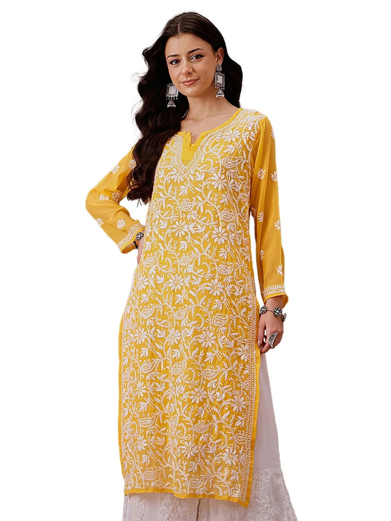 Ada Handmade Lucknowi Chikan Women's Straight Georgette Kurti Kurta with Slip A90321 (Yellow, M), Regular Fit - Image 1