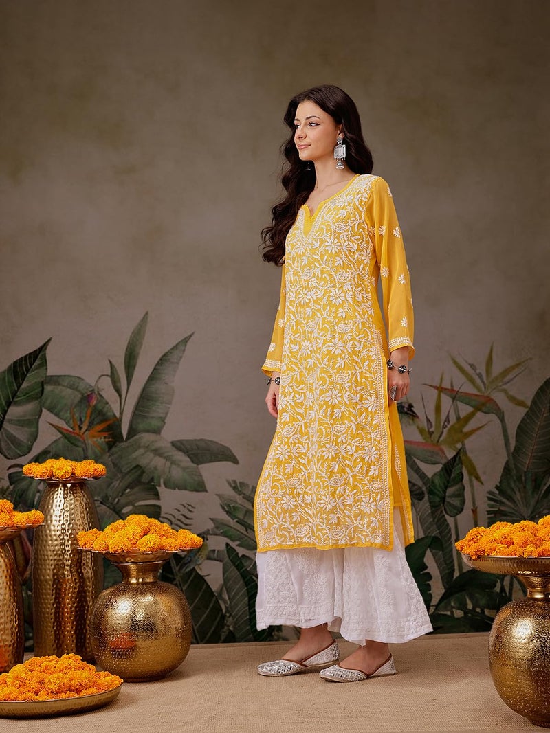 Ada Handmade Lucknowi Chikan Women's Straight Georgette Kurti Kurta with Slip A90321 (Yellow, M), Regular Fit - Image 4