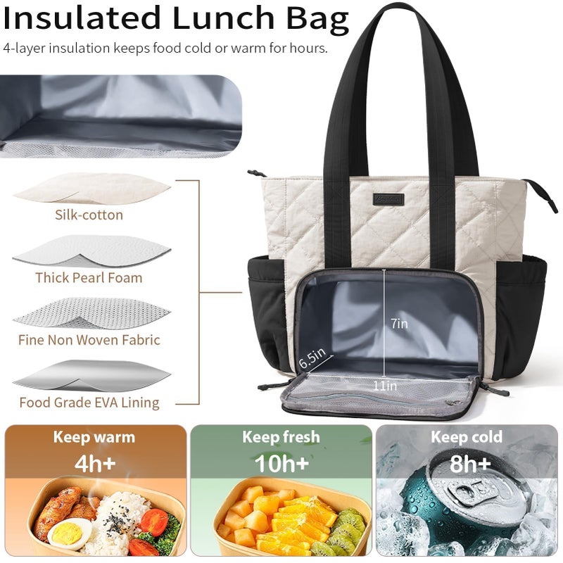 Bagstellar Puffer Lunch Tote Bag for Women, 15.6 Inch Laptop Work Bag with Insulated Lunch Compartment & Large Cup Holder, Lightweight Quilted Puffy Lunch Box Purse for Teacher Nurse Travel Office Daily School - Image 3