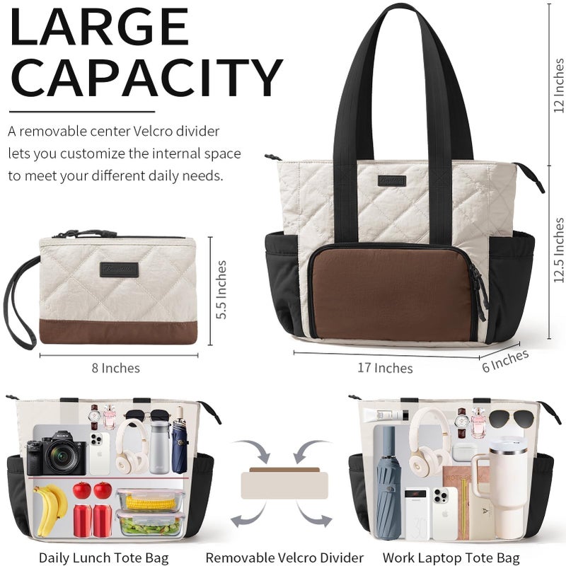 Bagstellar Puffer Lunch Tote Bag for Women, 15.6 Inch Laptop Work Bag with Insulated Lunch Compartment & Large Cup Holder, Lightweight Quilted Puffy Lunch Box Purse for Teacher Nurse Travel Office Daily School - Image 2