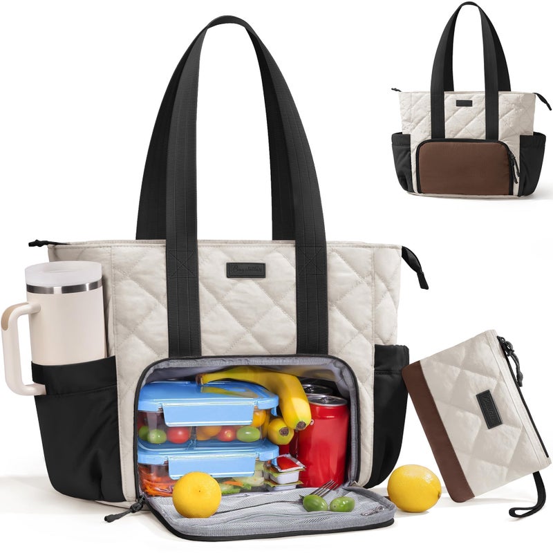 Bagstellar Puffer Lunch Tote Bag for Women, 15.6 Inch Laptop Work Bag with Insulated Lunch Compartment & Large Cup Holder, Lightweight Quilted Puffy Lunch Box Purse for Teacher Nurse Travel Office Daily School - Image 1