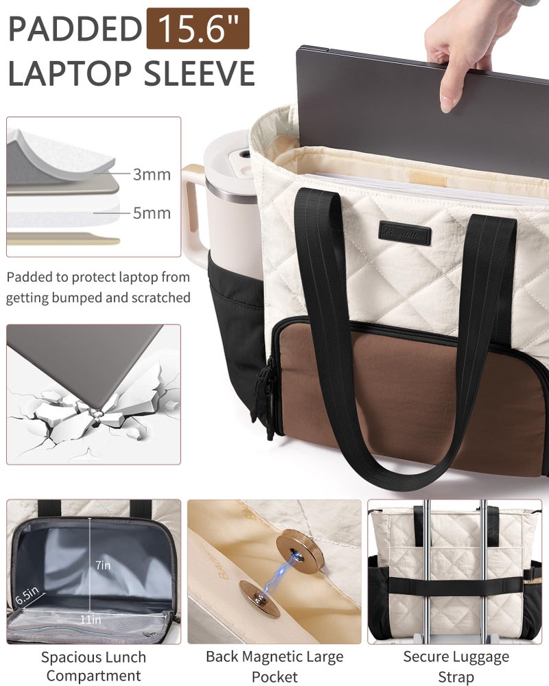 Bagstellar Puffer Lunch Tote Bag for Women, 15.6 Inch Laptop Work Bag with Insulated Lunch Compartment & Large Cup Holder, Lightweight Quilted Puffy Lunch Box Purse for Teacher Nurse Travel Office Daily School - Image 4