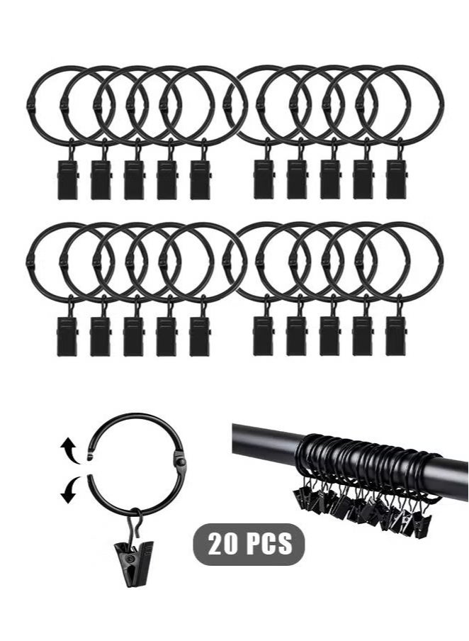 Mmmon 20 Pack Metal Curtain Rings with Clips, Curtain Hooks Hangers Clip Rings for Hanging Drapes Bows Hat, Curtain Rings 1.26 in Interior Diameter, Fits up to 1 in Diameter Curtain Rod - Image 1