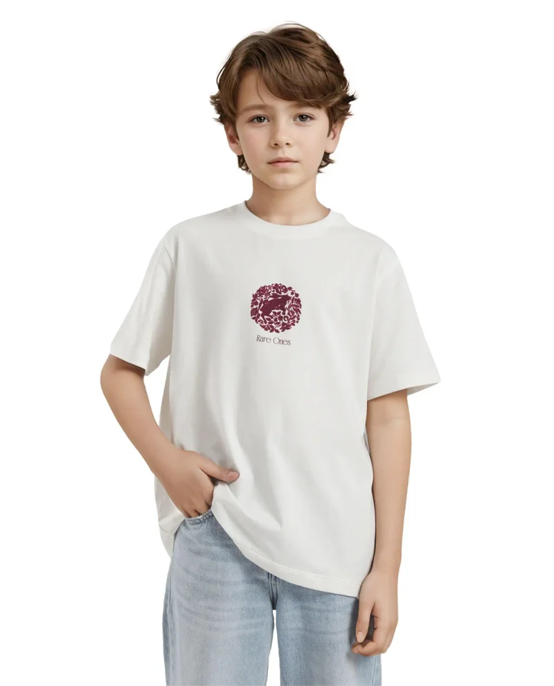 Rare Ones Rare Ones Kids Makes White Cotton Half Sleeves Crew Neck Embroidered T-Shirt