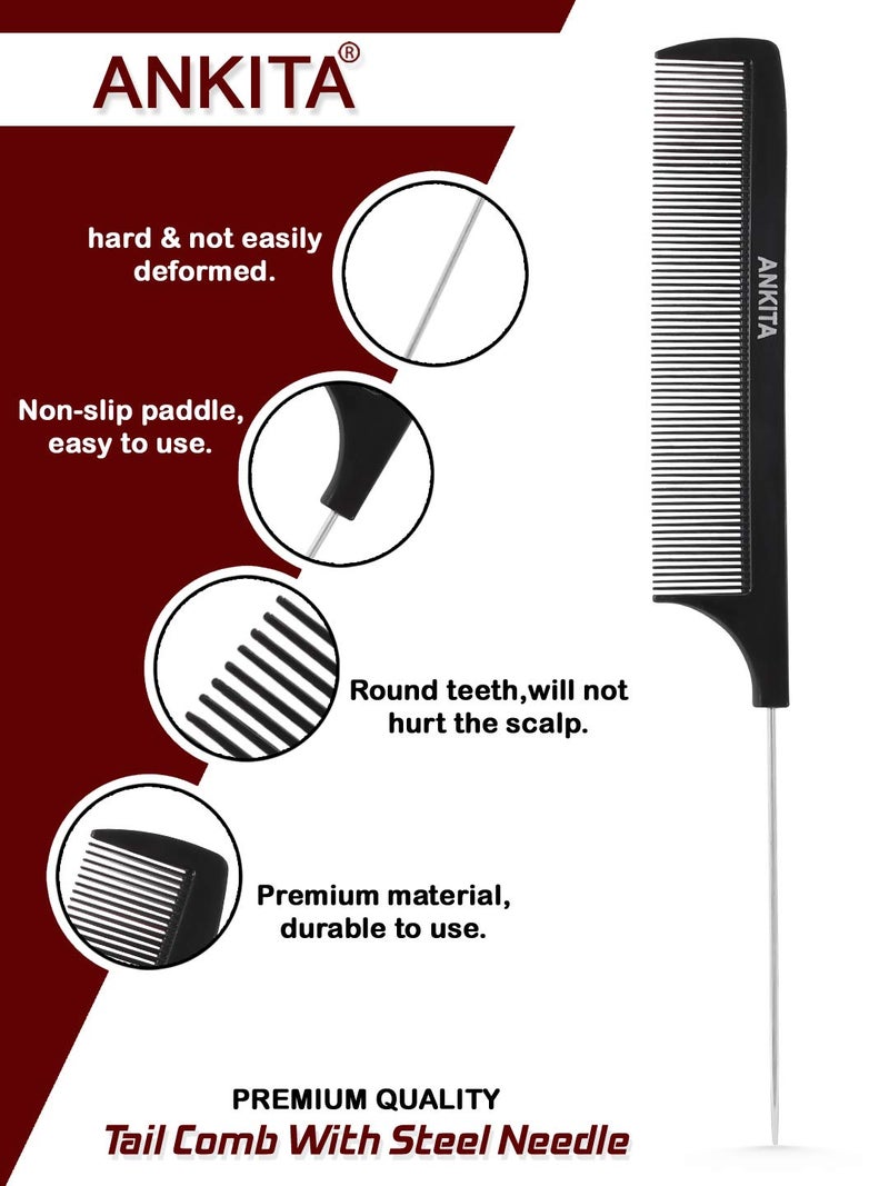 Ankita Black Carbon Rat tail Comb|Detangling Comb|Rat Tail Comb With Steal Needle|Teasing Comb|Salon Grade Combo Comb Set for Men and Women(937) - Image 4