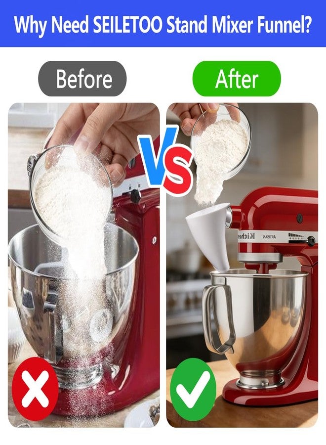 SEILETOO 2PCS Flour Funnel for Kitchen Aid Mixer, Flour Funnel for Stand Mixer, Fits KSM150 4.5-5 Quart Tilt-Head Mixers, Kitchenaid Dry Ingredient Attachment, for Flour, Sugar, and Egg Liquid, Prevents Spills - Image 2