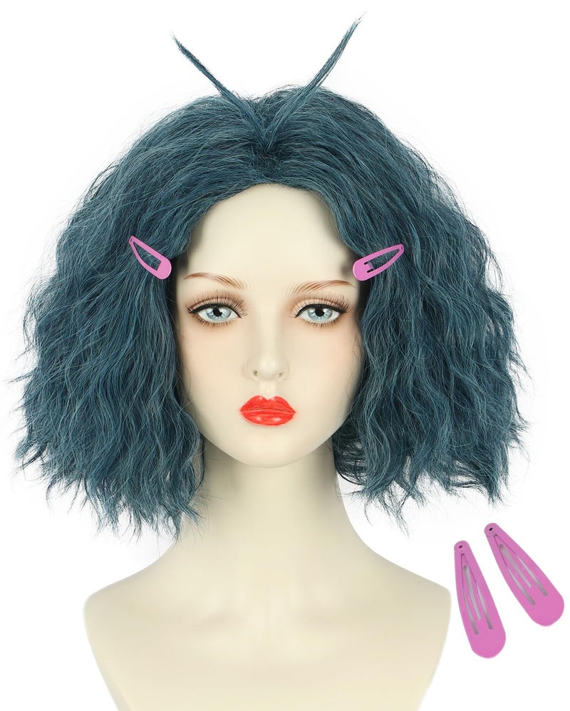 yuehong Short Dark Green Curly Wig Anime Wig Halloween Cosplay Costume Wig for Women with Purple HairpinsAdult