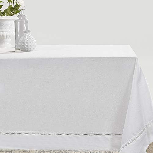 SimpleOpulence Premium 100 Linen Hemstitch Tablecloth60 x 104 Inch White Natural Fabric Rectangular Tablecloth for Indoor and Outdoor Use