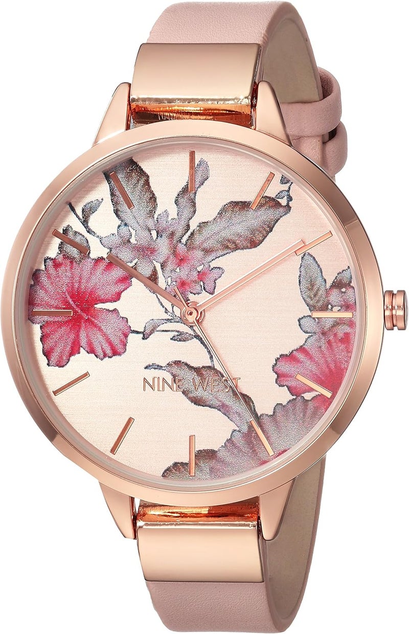 NINE WEST Women's Floral Dial Strap Watch - Pink/Rose Gold - Image 1