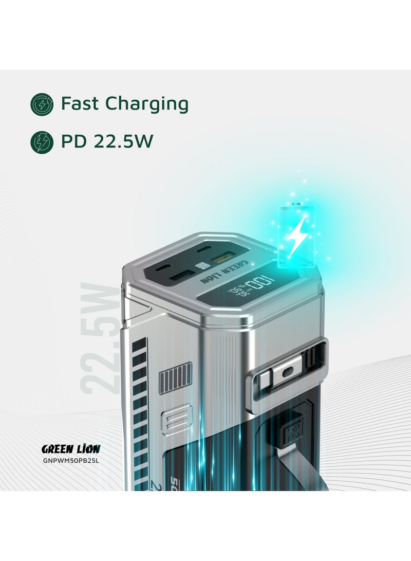 GREEN LION 50000 mAh Power Bank 50000mAh Power Max 22.5W with 1.5m Retractable Cable and LED Flashlight / Fast Charging Powerbank / Digital Display / Multi Device Charging / Reliable Powerbank  for Travel Camping Outdoor - Silver - Image 4