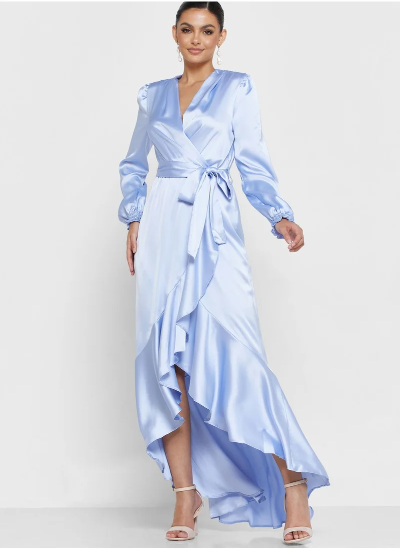 John Zack Ruffle Hem Tie High Low Dress