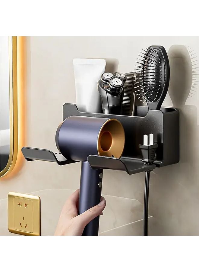 Wall Mounted Hair Dryer Holder Storage Rack Black Hands Free Bathroom Organizer - Image 1