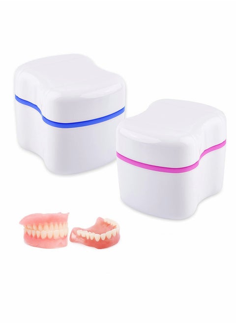 Denture Bath Case, Denture Cups Container with Basket Denture Holder 2 Pack (Blue, Red)