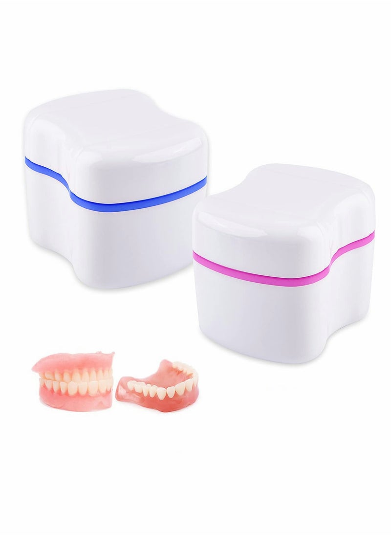 Excefore Denture Bath Case, Denture Cups Container with Basket Denture Holder 2 Pack (Blue, Red)  - Image 1