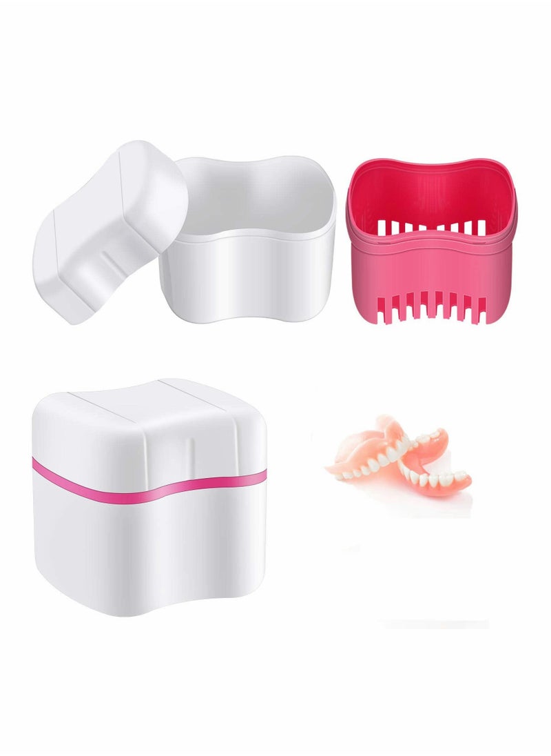Excefore - Denture Bath Case, Denture Cups Container with Basket Denture Holder 2 Pack (Blue, Red) - Image 1