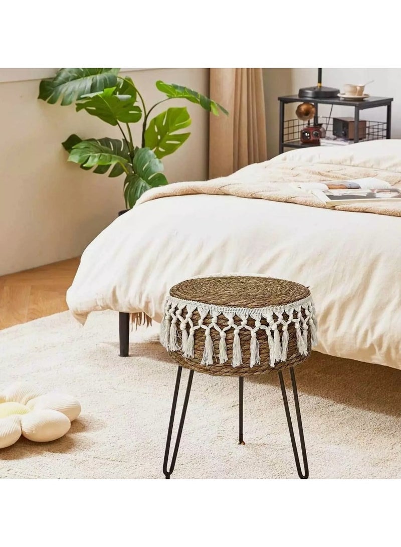 LINGWEI Handcrafted Boho Stool with Tassel Fringe, 45cm Height, Jute Ottoman with Metal Legs - Have 2 Colour Options- Decorative Ottoman Stool - Image 2
