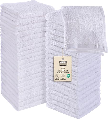 Utopia Towels مجموعة مناشف يوتوبيا 60 قطعة من قماش القطن، 100% قطن حلقي، مناشف وجه فاخرة، عالية الامتصاص وناعمة الملمس، بيضاء - Image 1
