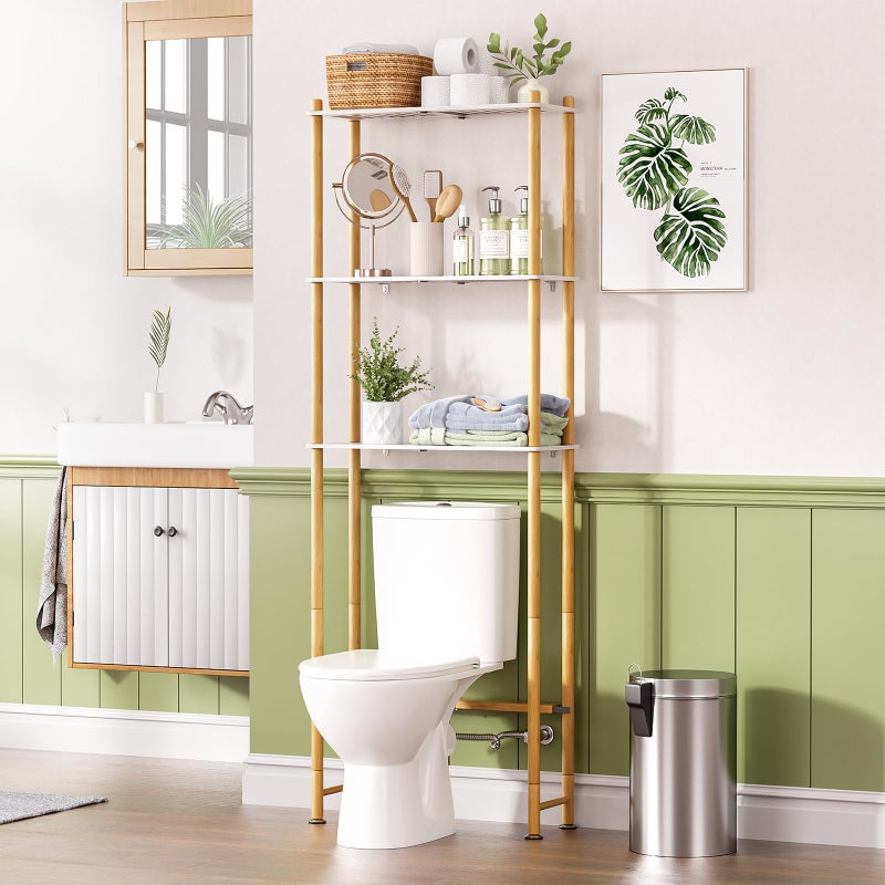 AmazerBath Over The Toilet Storage Bamboo, Bathroom Storage Organizer Shelf, 3-Tier Above Toilet Storage Rack, Space Saver, White and Natural Color - Image 1