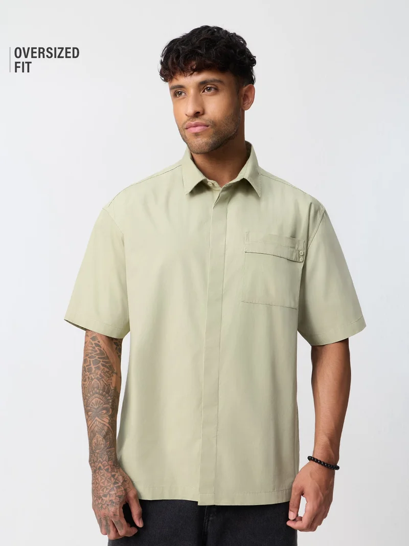 The Souled Store: Neptune Men and Boys Short Sleeve Spread Collar Light Green Solid Cotton Oversized Shirt