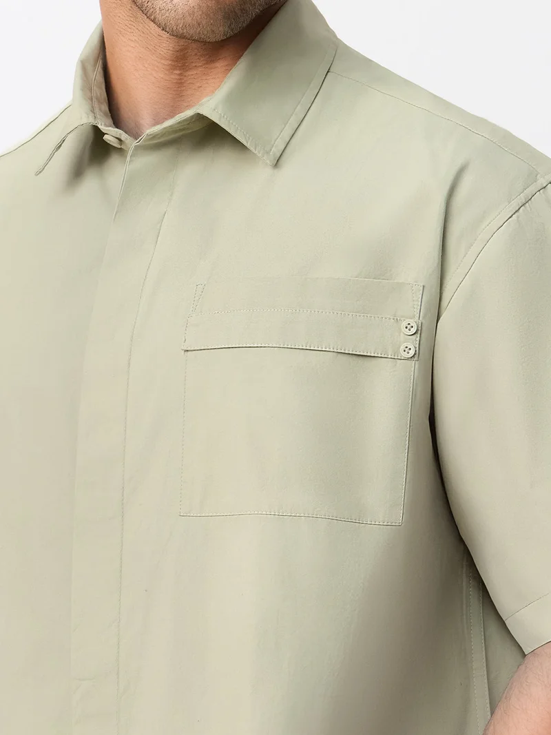 The Souled Store  The Souled Store: Neptune Men and Boys Short Sleeve Spread Collar Light Green Solid Cotton Oversized Shirt  | Best Price UAE