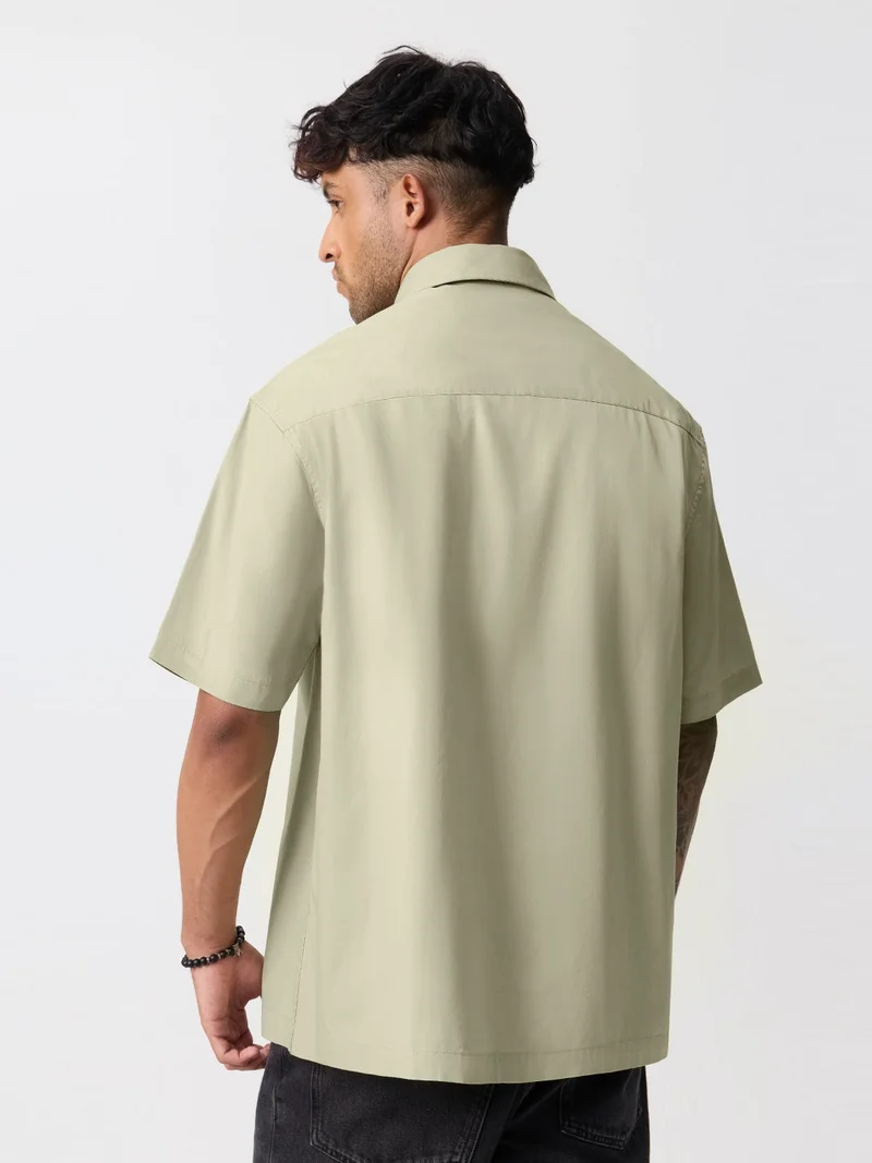 The Souled Store  The Souled Store: Neptune Men and Boys Short Sleeve Spread Collar Light Green Solid Cotton Oversized Shirt  | Best Price UAE