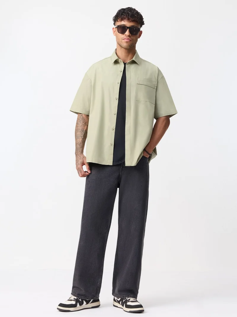 The Souled Store  The Souled Store: Neptune Men and Boys Short Sleeve Spread Collar Light Green Solid Cotton Oversized Shirt  | Best Price UAE