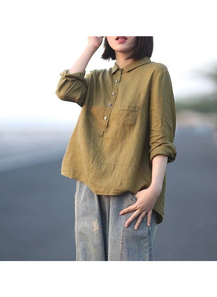Generic - 2023 Casual Loose Solid Linen Womens Shirt Creamy-white - Image 1