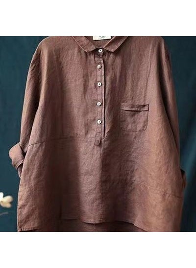 Generic - 2023 Casual Loose Solid Linen Womens Shirt Creamy-white - Image 1