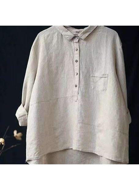 Generic - 2023 Casual Loose Solid Linen Womens Shirt Creamy-white - Image 1