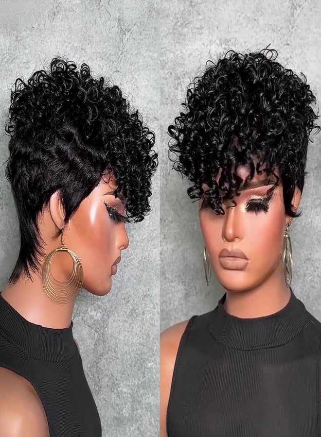 SAEIALL Curly Wave Short Pixie Cut Wig Human Hair for Black Women Full Machine Made Wigs Black Color Soft 100% Human Hair Glueless Wig Breathable Rose Net Cap,Throw On and Go Wigs Easy to Wear - Image 1
