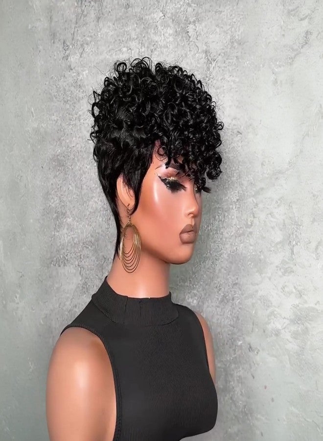 SAEIALL Curly Wave Short Pixie Cut Wig Human Hair for Black Women Full Machine Made Wigs Black Color Soft 100% Human Hair Glueless Wig Breathable Rose Net Cap,Throw On and Go Wigs Easy to Wear - Image 2