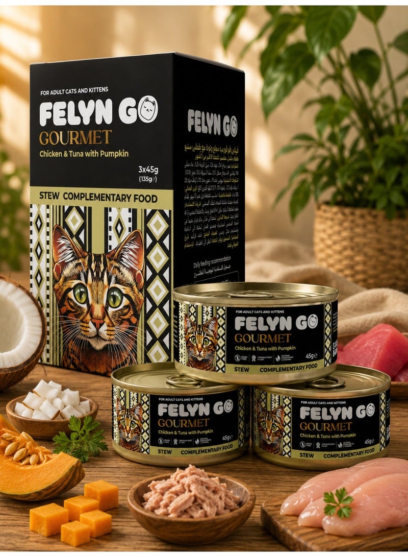 Felyn GO Chicken & Tuna with Pumpkin Stew for Adult Cats & Kittens – 3 Pack Wet Complementary Cat Food – Prem - Image 1