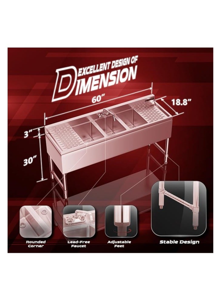 DuraSteel 3 Compartment Stainless Steel Bar Sink with 10" L x 14" W x 10" D Bowl - Underbar Basin - NSF Certified - Double Drainboard, Faucet Included (Restaurant, Kitchen, Hotel, Bar) - Image 2