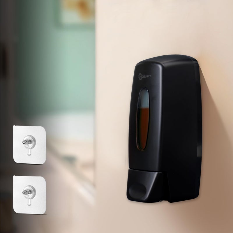 Robustt Manual Wall Mounted Liquid Soap Dispenser - Black (350 ml, Pack of 1) - With 2 Adhesive Hooks | Leak-Proof, Transparent Window, Easy Installation - Ideal for Bathroom, Kitchen, Hotels, Offices - Image 1