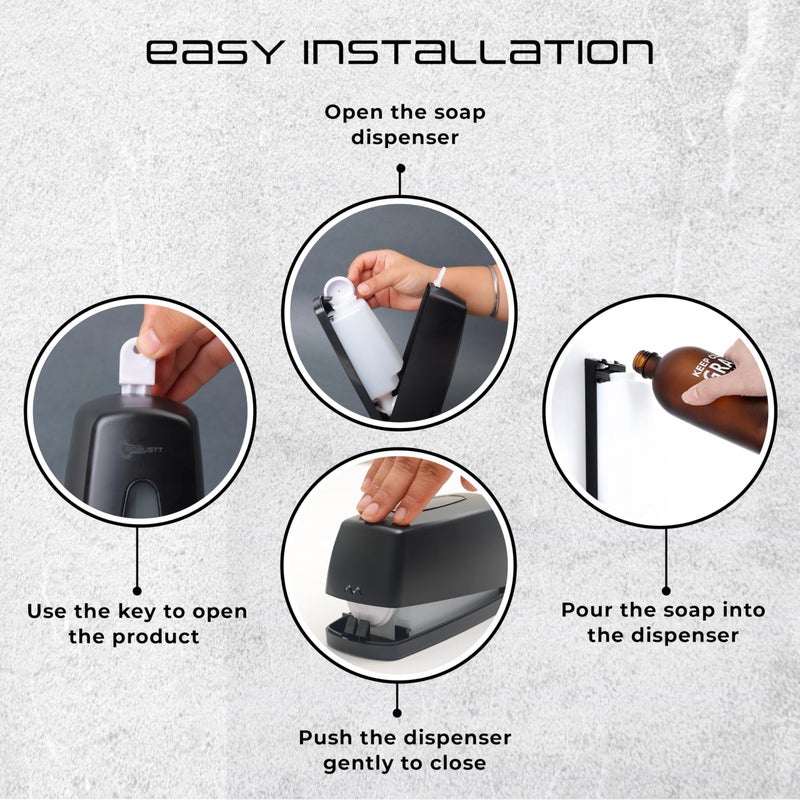 Robustt Manual Wall Mounted Liquid Soap Dispenser - Black (350 ml, Pack of 1) - With 2 Adhesive Hooks | Leak-Proof, Transparent Window, Easy Installation - Ideal for Bathroom, Kitchen, Hotels, Offices - Image 3