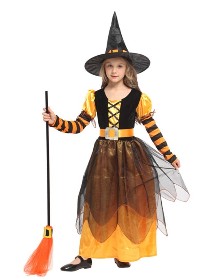 CityRiya-Long Witch Halloween Costume for Girls Witch Dress with Broom Hat, Witch Dress Halloween Costumes Girls, Long Sorceress Dress, Kids Witch Costume Set Wizard Role Play for Height 130-140cm - Image 2