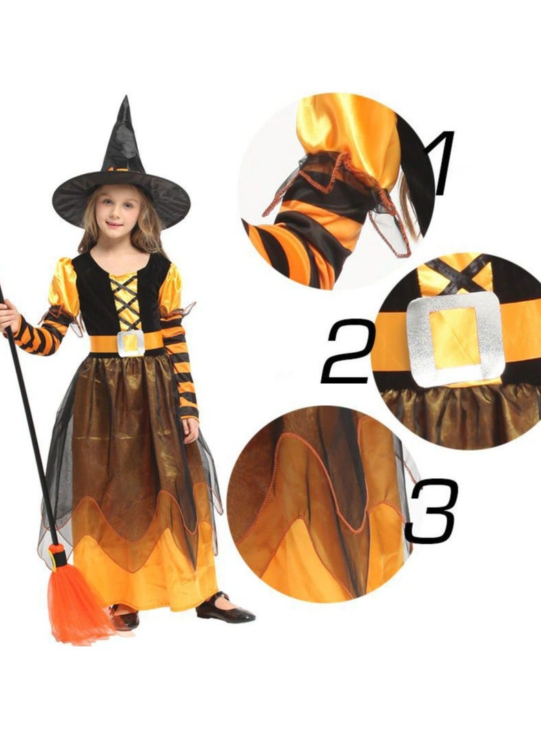 CityRiya-Long Witch Halloween Costume for Girls Witch Dress with Broom Hat, Witch Dress Halloween Costumes Girls, Long Sorceress Dress, Kids Witch Costume Set Wizard Role Play for Height 130-140cm - Image 4