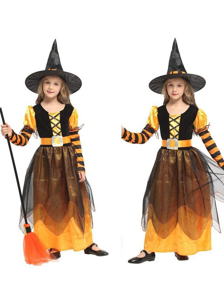CityRiya-Long Witch Halloween Costume for Girls Witch Dress with Broom Hat, Witch Dress Halloween Costumes Girls, Long Sorceress Dress, Kids Witch Costume Set Wizard Role Play for Height 130-140cm - Image 5