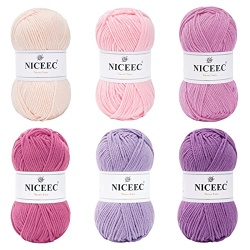 NICEEC 300g Soft Assorted Colors Yarn Sport Weight100 Acrylic 4 Ply Bonbons Yarn for Crochet Knit DIY Project Starter Kit for Kids or AdultsTotal 870yds Purple Series